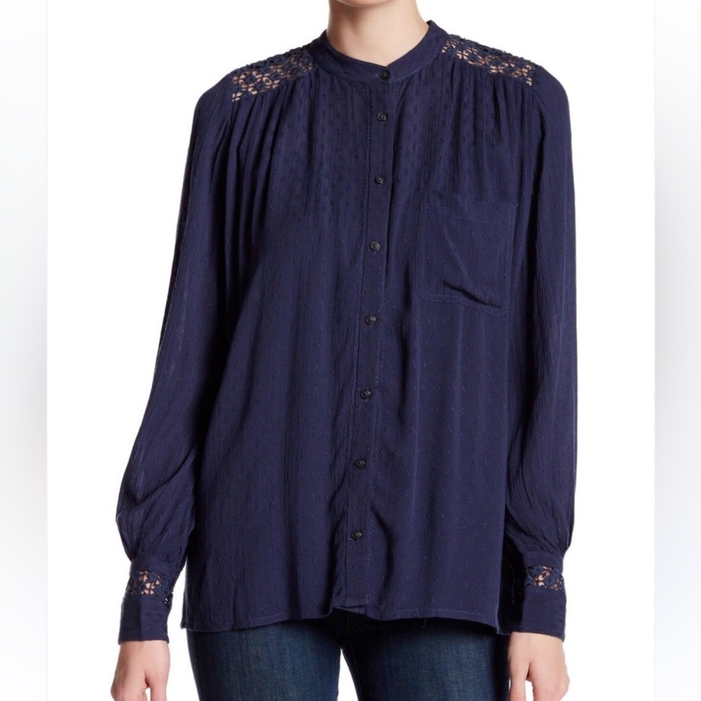 Free people oversized button down long sleeve lace blouse
